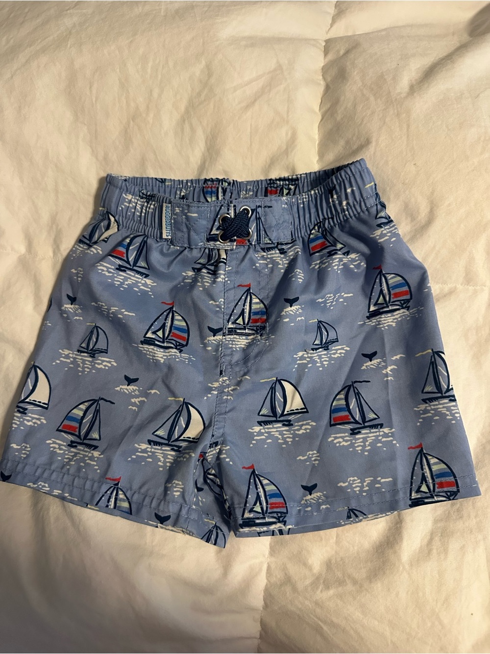 Light Blue Sailboat Kids Swim Trunks with Elastic Waist